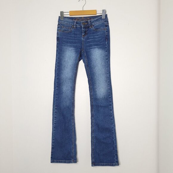 Wax Jean Mid Wash Sandblasted Whiskered Boot Cut Denim Jeans Stretch Size 0 - Picture 1 of 10